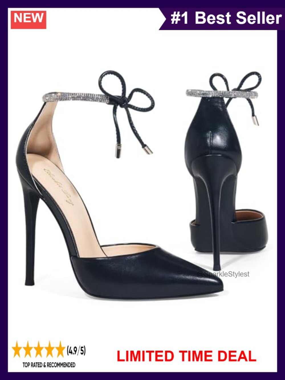 Women's 4 Inch Stiletto Heels Pointed Toe Rhinestone Bow Ankle Strap Pumps